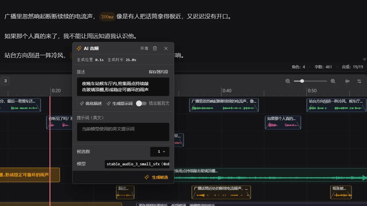 BoboVox AI 画笔在多轨时间线上生成声音素材的描述面板，深色主题