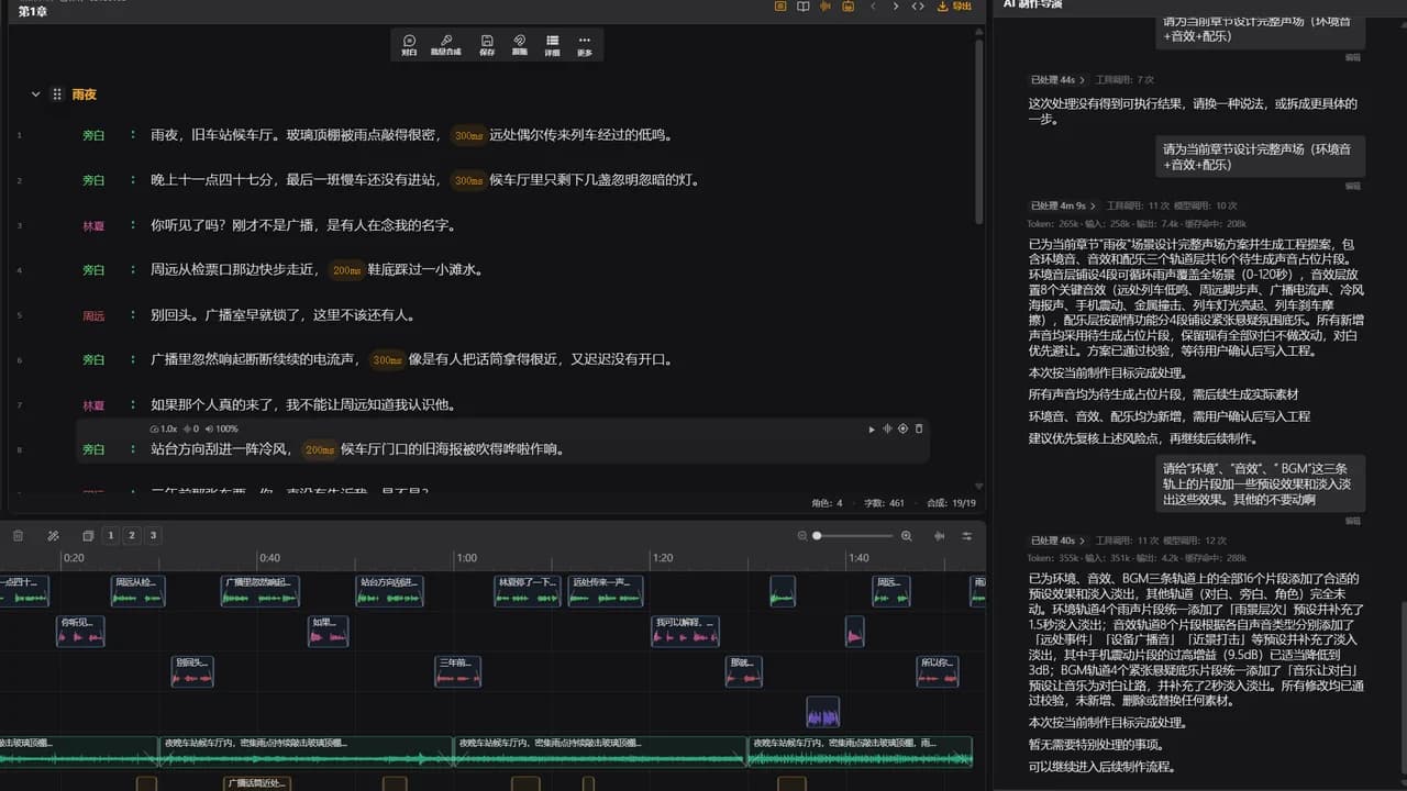 BoboVox AI 制作导演分析章节并编排环境、音效和背景音乐，深色主题